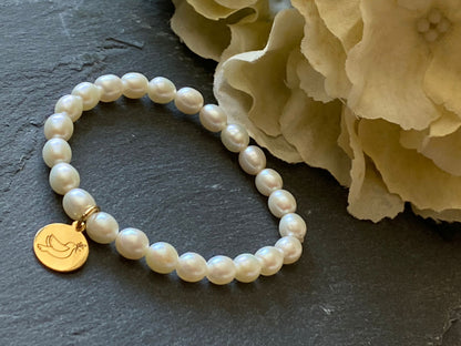 Pulsera de Perlas para Comunión con Medalla de Paloma en Plata 925