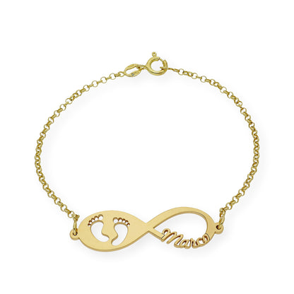 Pulsera Infinito Huella de Pie con Nombre en Plata 925 con Baño de Oro 18k