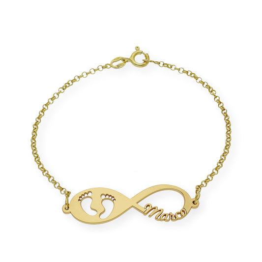 Pulsera Infinito Huella de Pie con Nombre en Plata 925 con Baño de Oro 18k