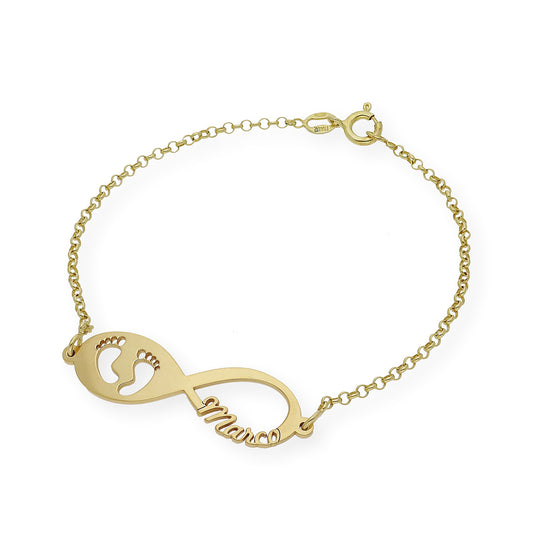 Pulsera Infinito Huella de Pie con Nombre en Plata 925 con Baño de Oro 18k