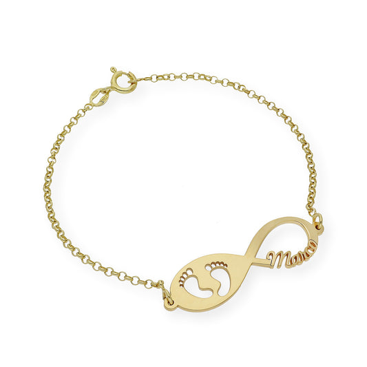 Pulsera Infinito Huella de Pie con Nombre en Plata 925 con Baño de Oro 18k