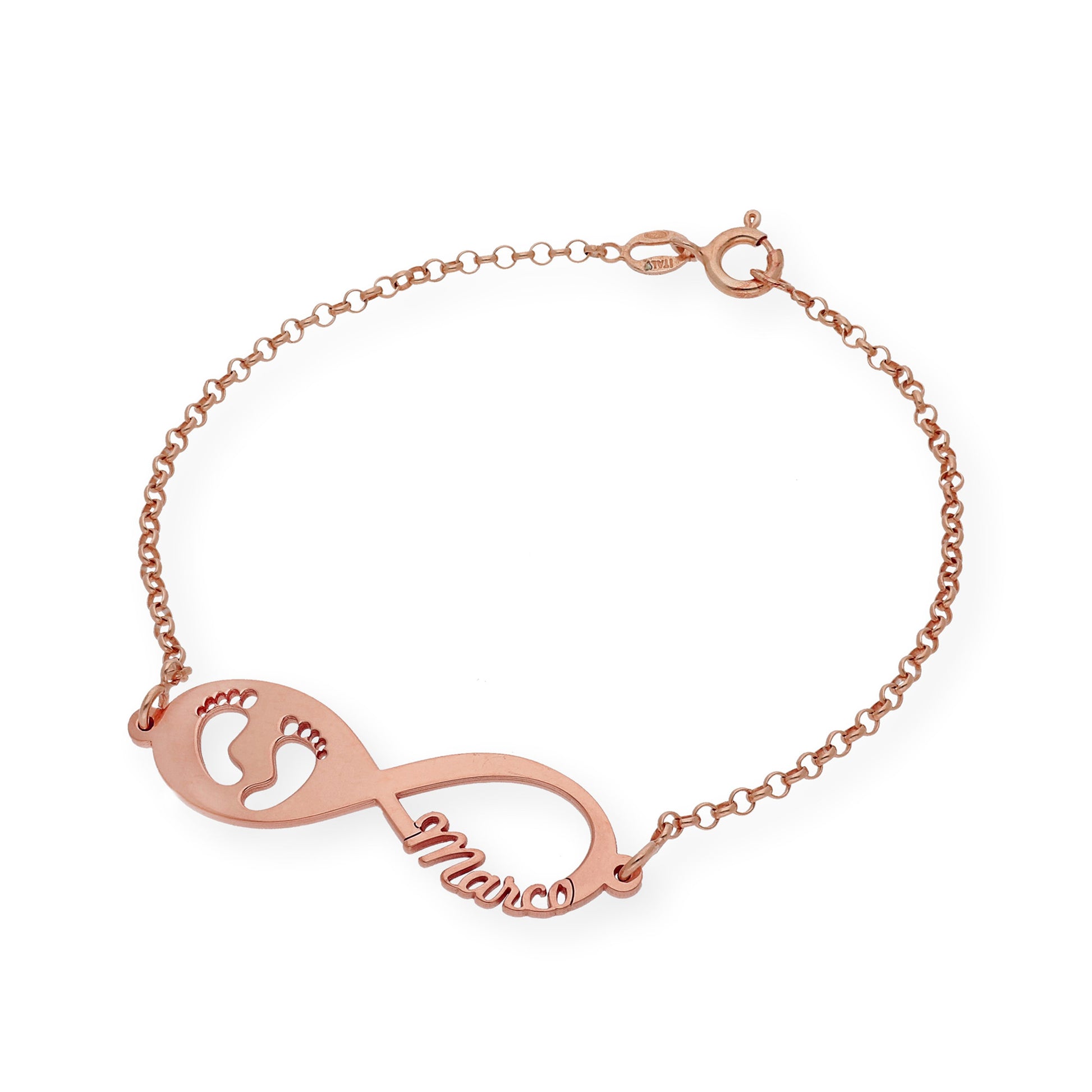 Pulsera Infinito Huella de Pie con Nombre en Plata 925 con Baño de Oro 18k