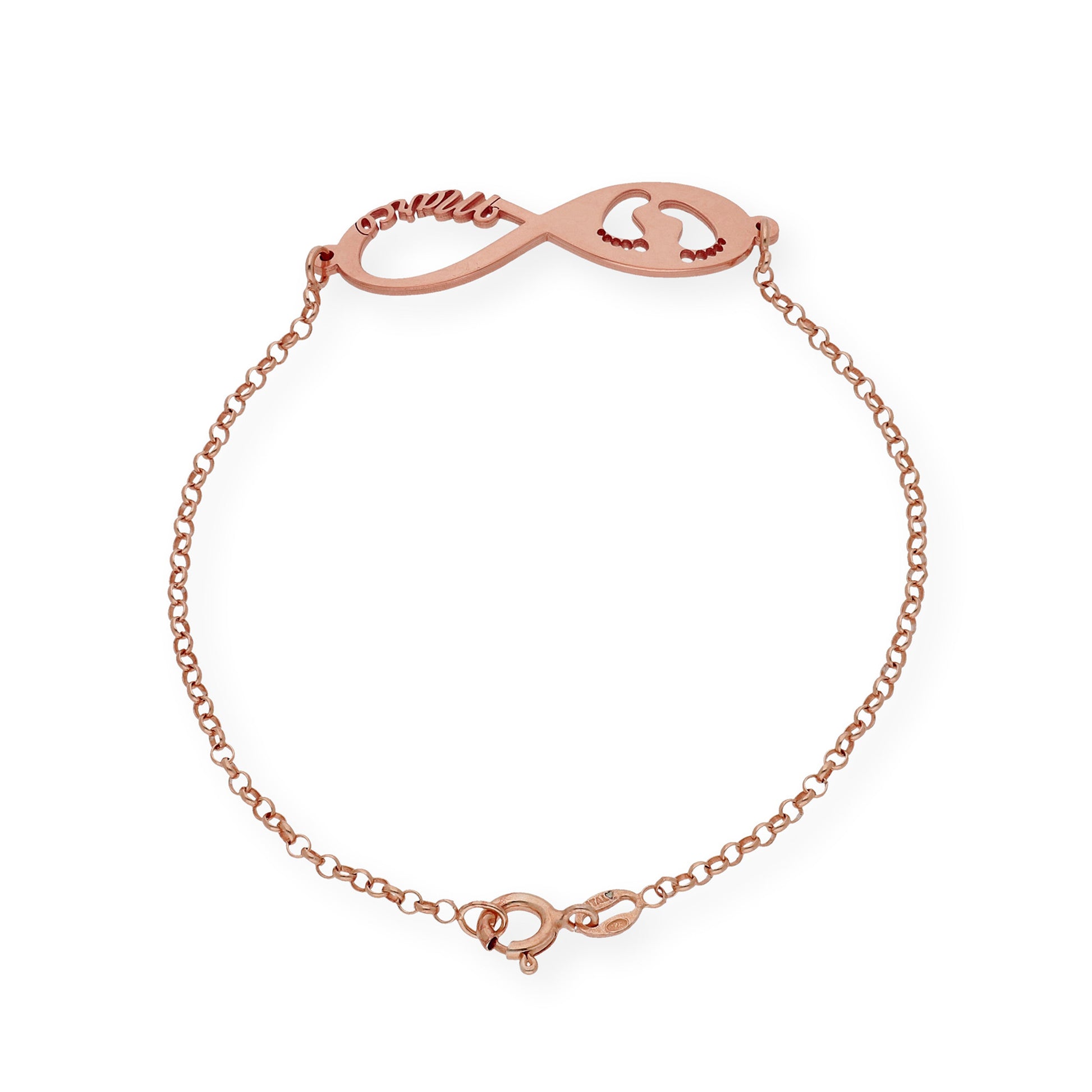 Pulsera Infinito Huella de Pie con Nombre en Plata 925 con Baño de Oro 18k
