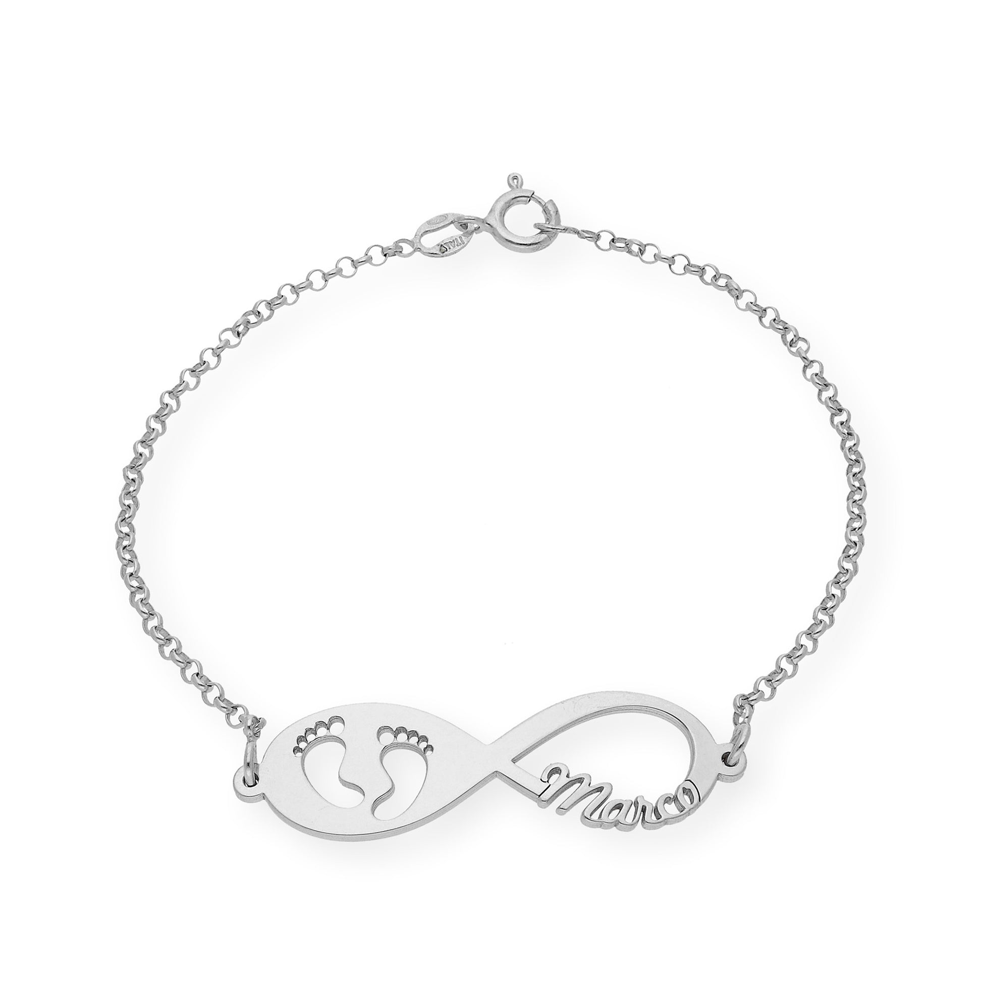 Pulsera Infinito Huella de Pie con Nombre en Plata 925 con Baño de Oro 18k