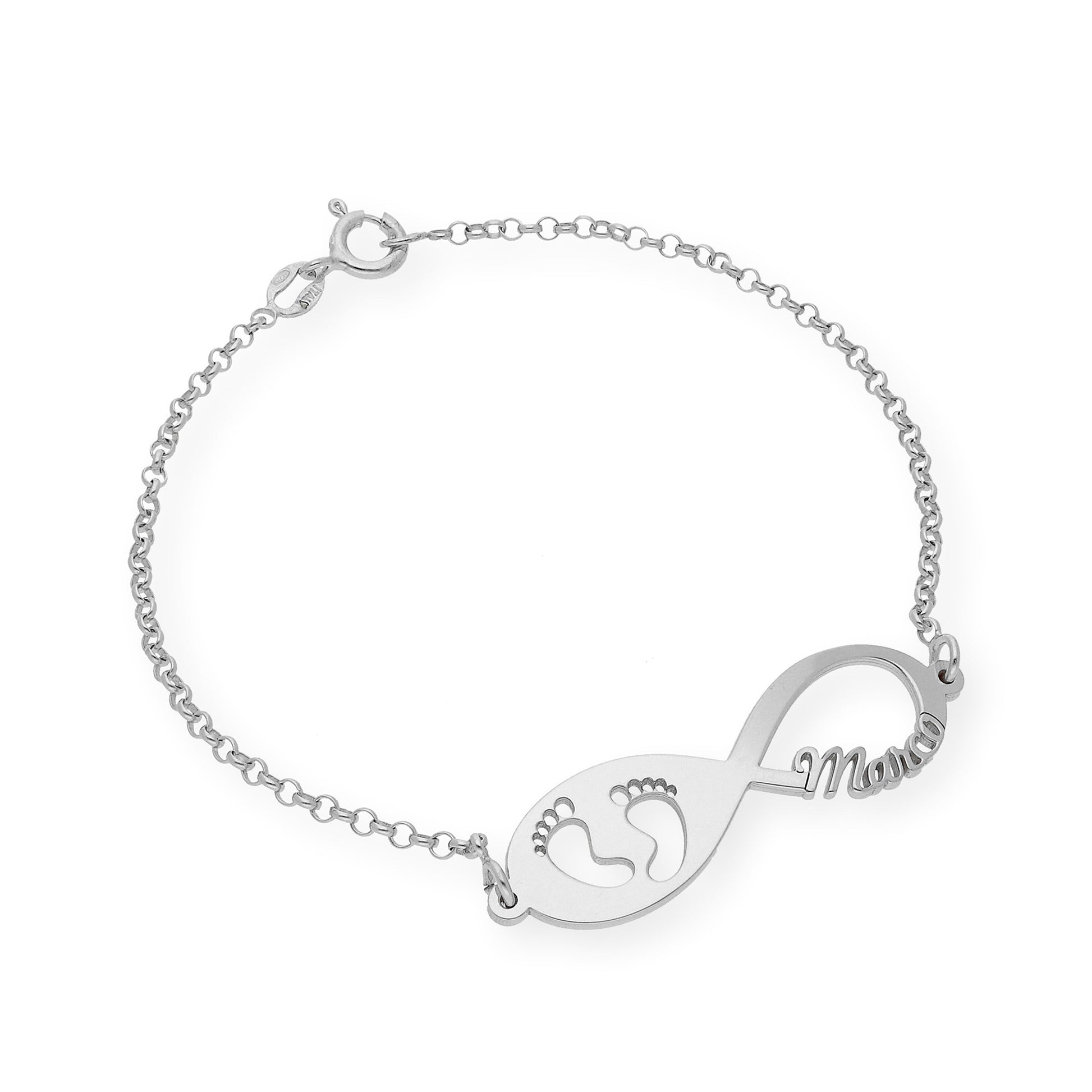 Pulsera Infinito Huella de Pie con Nombre en Plata 925 con Baño de Oro 18k