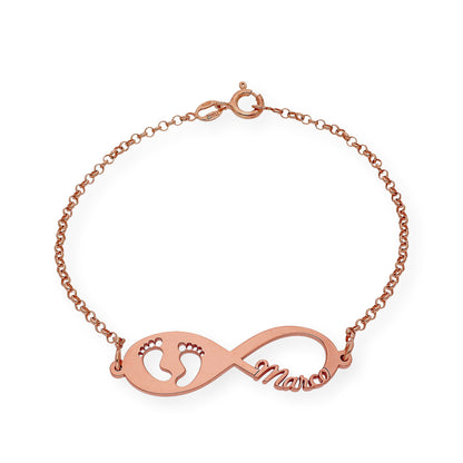 Pulsera Infinito Huella de Pie con Nombre en Plata 925 con Baño de Oro Rosa 18k