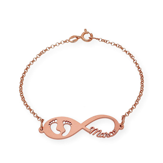 Pulsera Infinito Huella de Pie con Nombre en Plata 925 con Baño de Oro Rosa 18k