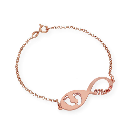 Pulsera Infinito Huella de Pie con Nombre en Plata 925 con Baño de Oro Rosa 18k