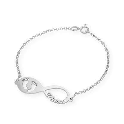 Pulsera Infinito Huella de Pie con Nombre en Plata 925 con Baño de Oro Rosa 18k