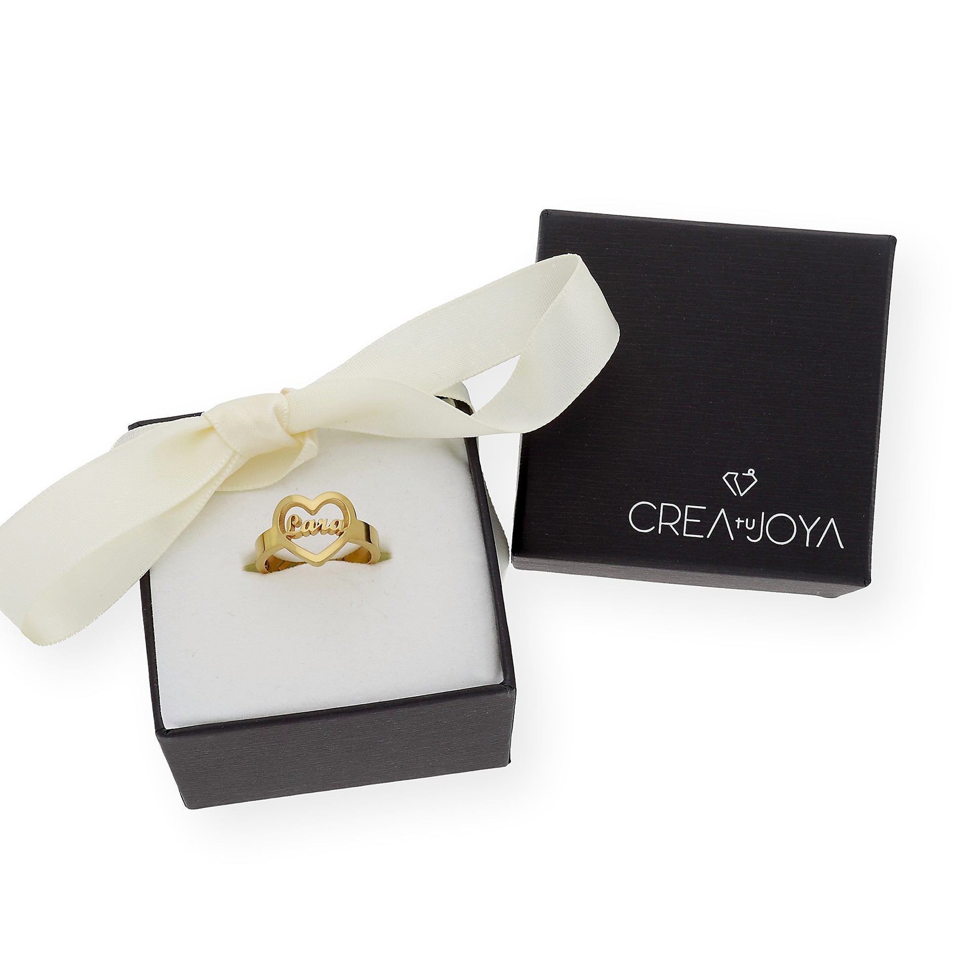 Anillo Cupido Corazón con Nombre Calado en Plata 925 con Baño de Oro 18k