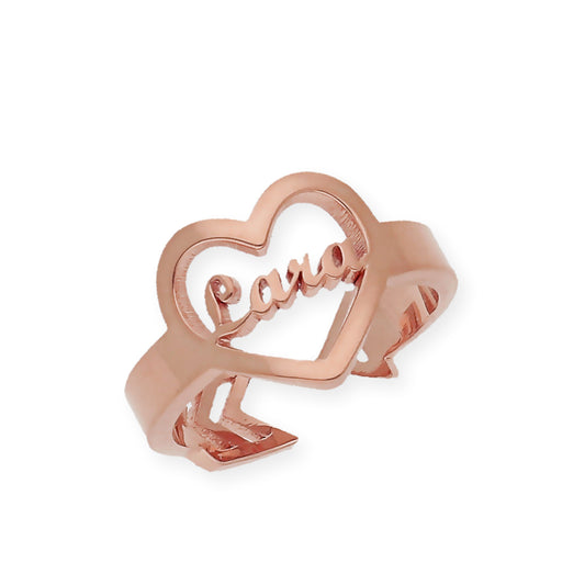 Anillo Cupido Corazón con Nombre Calado en Plata 925 con Baño de Oro Rosa 18k