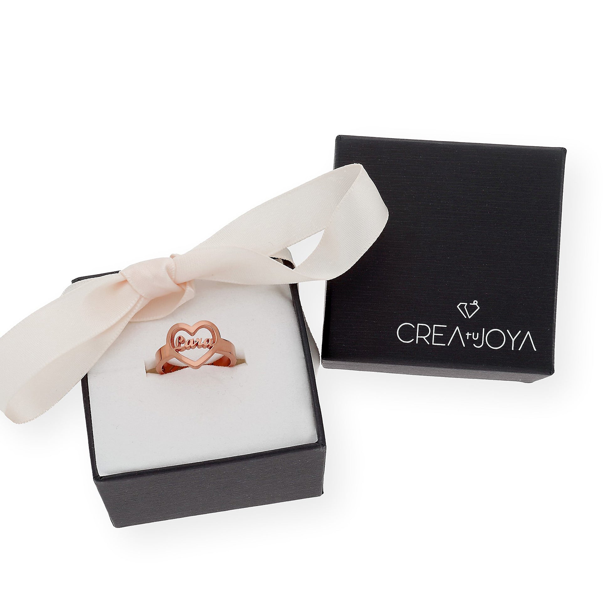Anillo Cupido Corazón con Nombre Calado en Plata 925 con Baño de Oro Rosa 18k