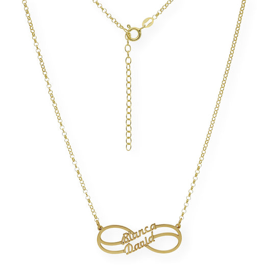Collar con Colgante Infinito Doble Nombre de Plata 925 con Baño de Oro 18k