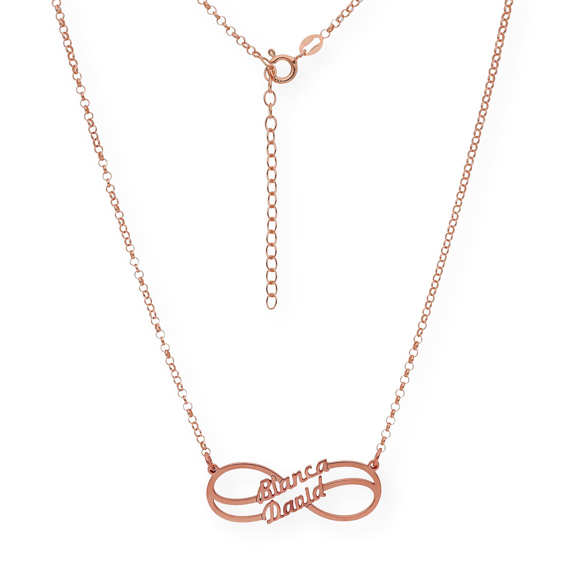 Collar con Colgante Infinito Doble Nombre de Plata 925 con Baño de Oro Rosa 18k