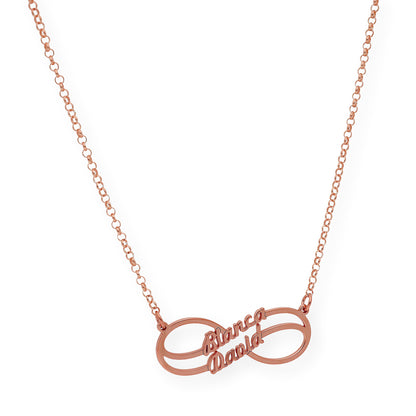 Collar con Colgante Infinito Doble Nombre de Plata 925 con Baño de Oro Rosa 18k
