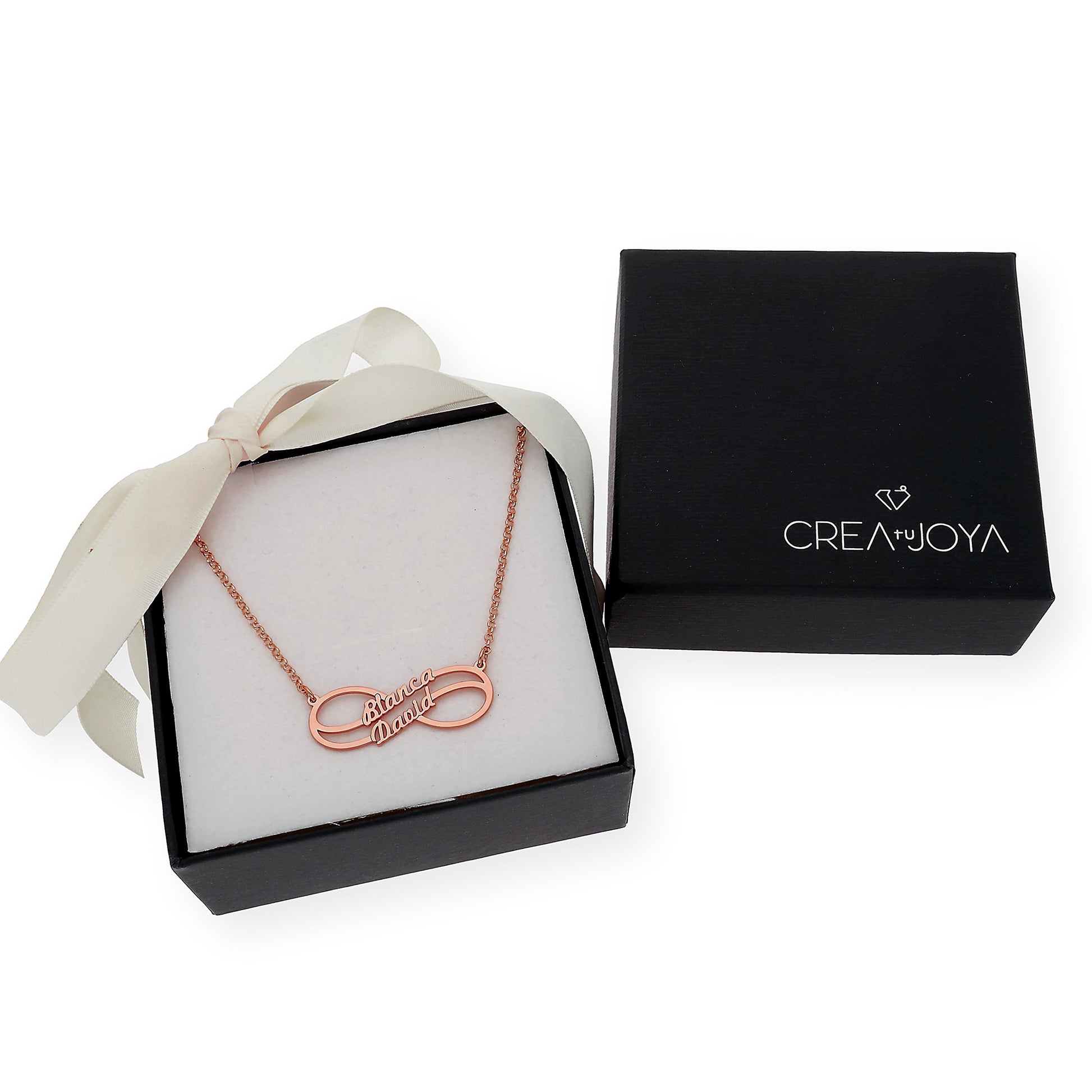 Collar con Colgante Infinito Doble Nombre de Plata 925 con Baño de Oro Rosa 18k