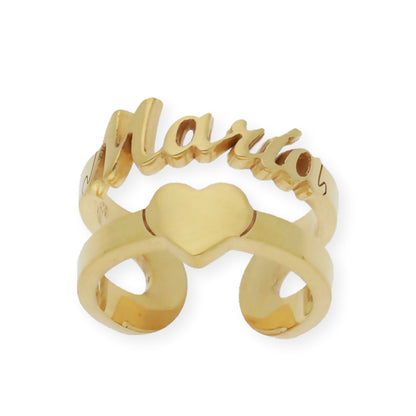 Anillo Koro Doble Tira Nombre y Corazón en Plata 925 con Baño de Oro 18k