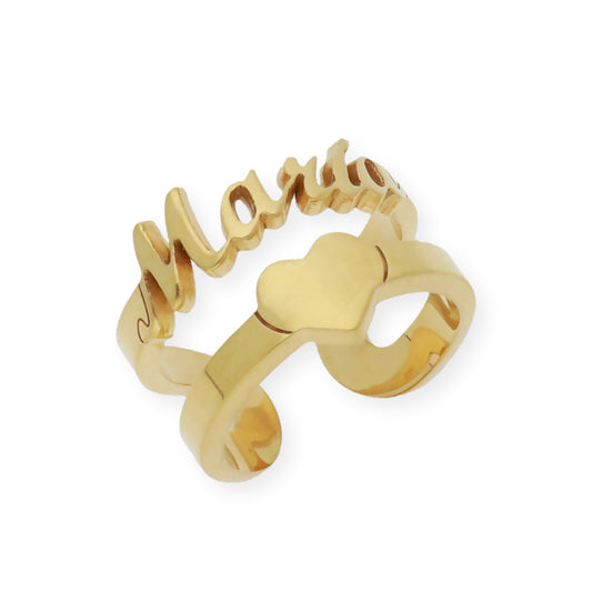 Anillo Koro Doble Tira Nombre y Corazón en Plata 925 con Baño de Oro 18k