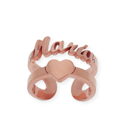 Anillo Koro Doble Tira Nombre y Corazón en Plata 925 con Baño de Oro 18k