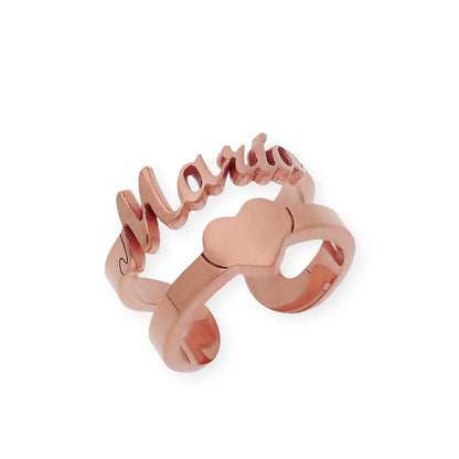 Anillo Koro Doble Tira Nombre y Corazón en Plata 925 con Baño de Oro 18k