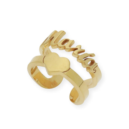 Anillo Koro Doble Tira Nombre y Corazón en Plata 925 con Baño de Oro Rosa 18k