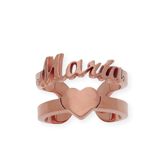 Anillo Koro Doble Tira Nombre y Corazón en Plata 925 con Baño de Oro Rosa 18k