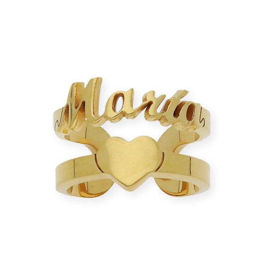 Anillo Koro Doble Tira Nombre y Corazón en Plata 925 con Baño de Oro 18k