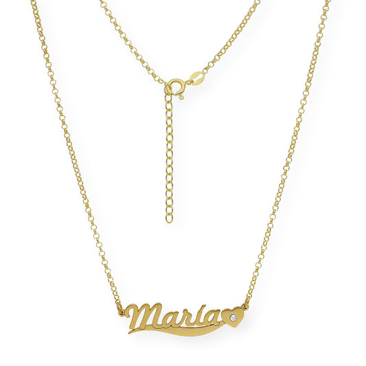Collar Kassia Nombre y Corazón con Circonita en Plata 925 con Baño de Oro 18k