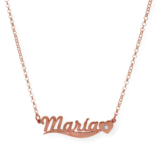 Collar Kassia Nombre y Corazón con Circonita en Plata 925 con Baño de Oro Rosa 18k