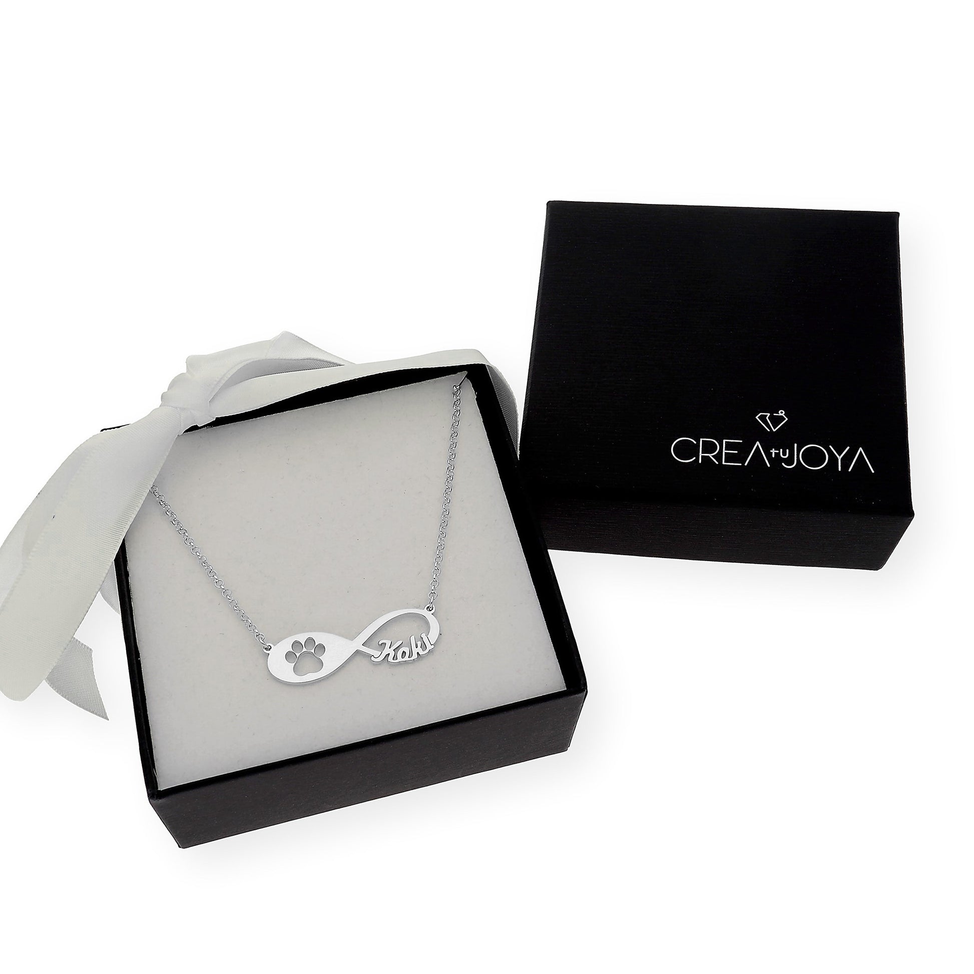 Colgante Infinito Artemis Huella Perro con Nombre en Plata 925