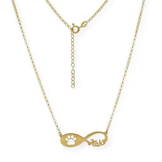 Colgante Infinito Artemis Huella Perro con Nombre en Plata 925 con Baño de Oro 18k
