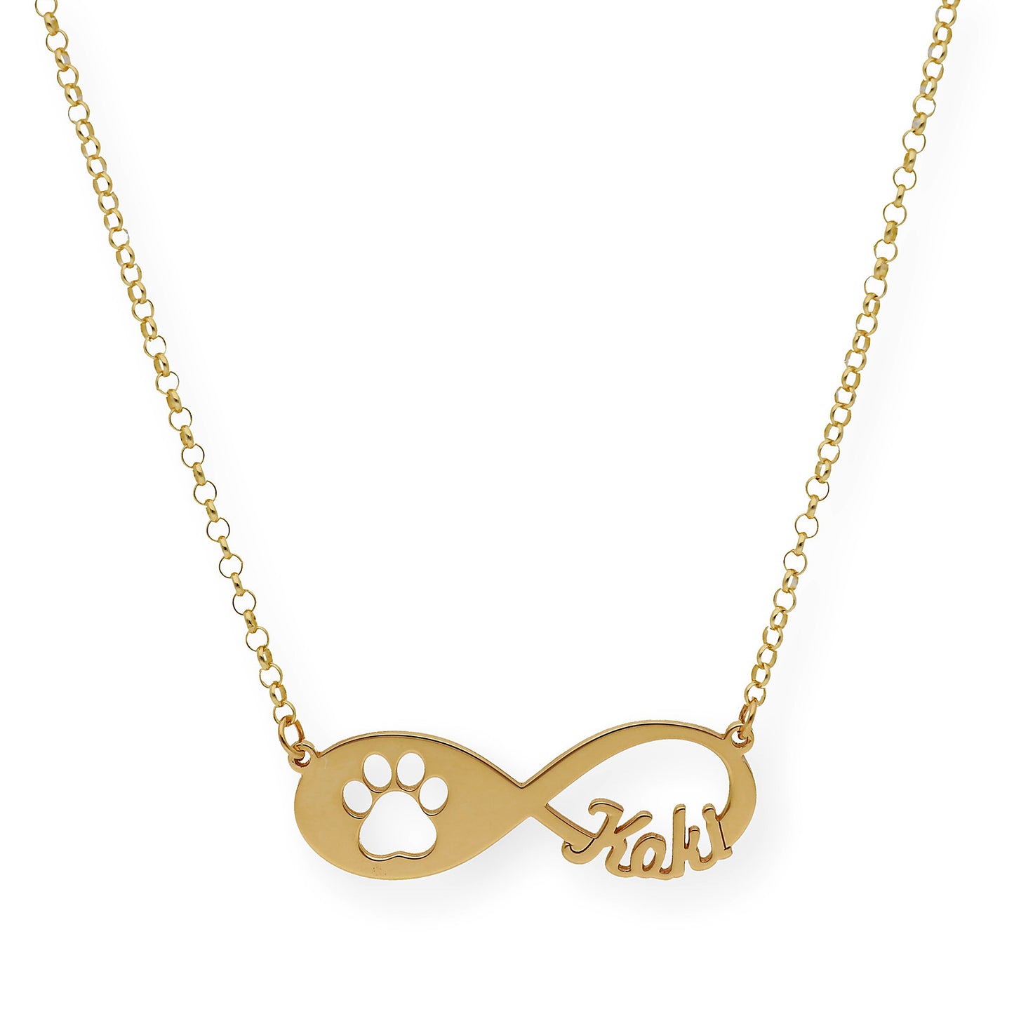Colgante Infinito Artemis Huella Perro con Nombre en Plata 925 con Baño de Oro 18k