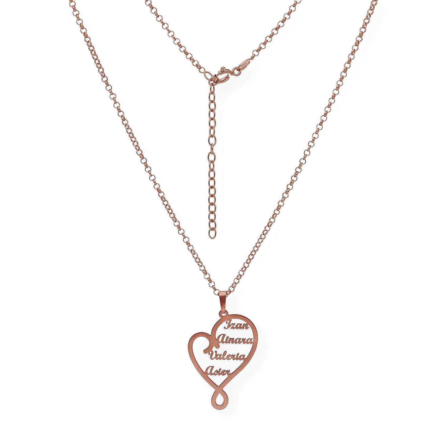 Colgante Corazón Zoe 4 Nombres en Plata 925 y Baño de Oro Rosa 18k