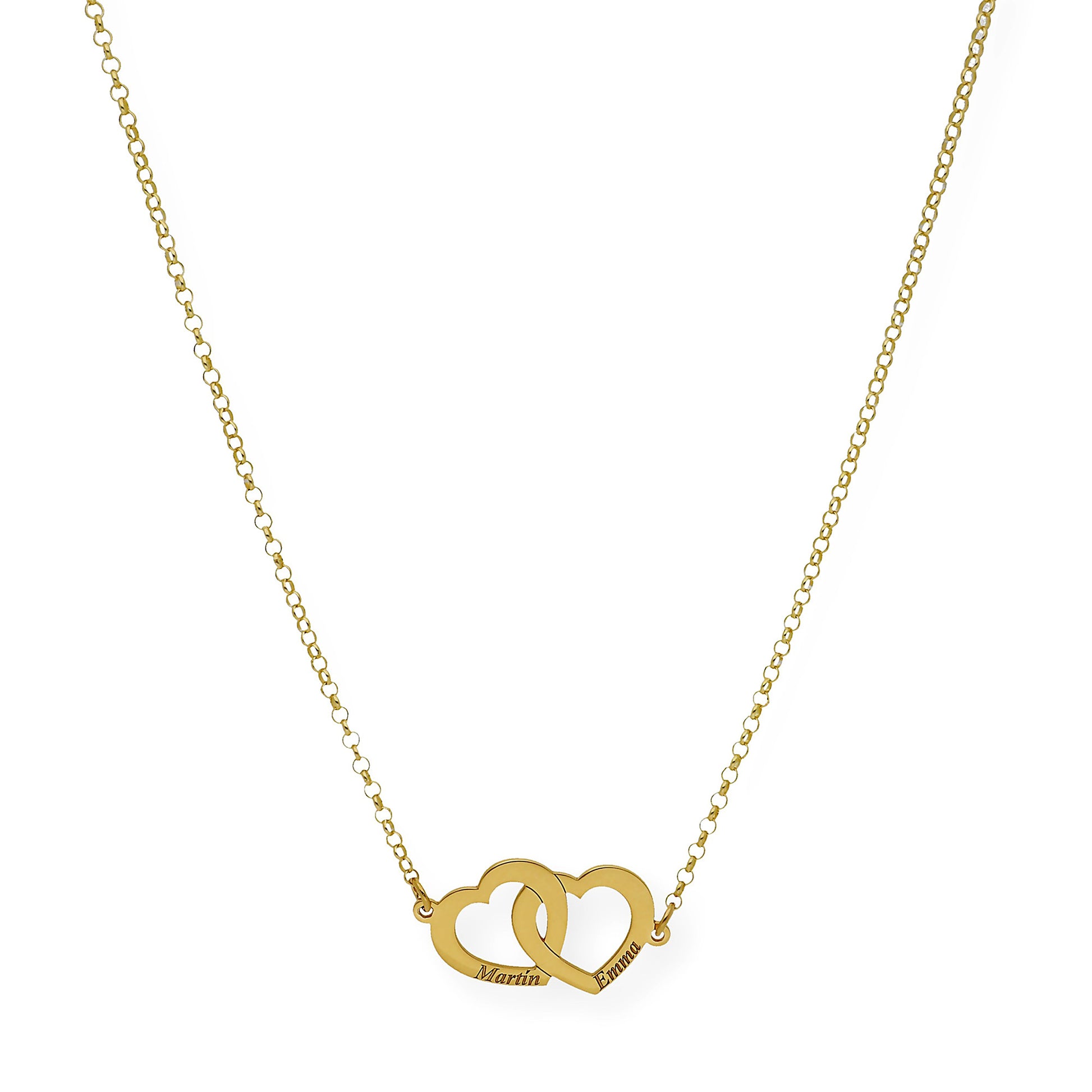 Colgante Doble Corazón Eros Nombres Entrelazados en Plata 925 con Baño de Oro 18k