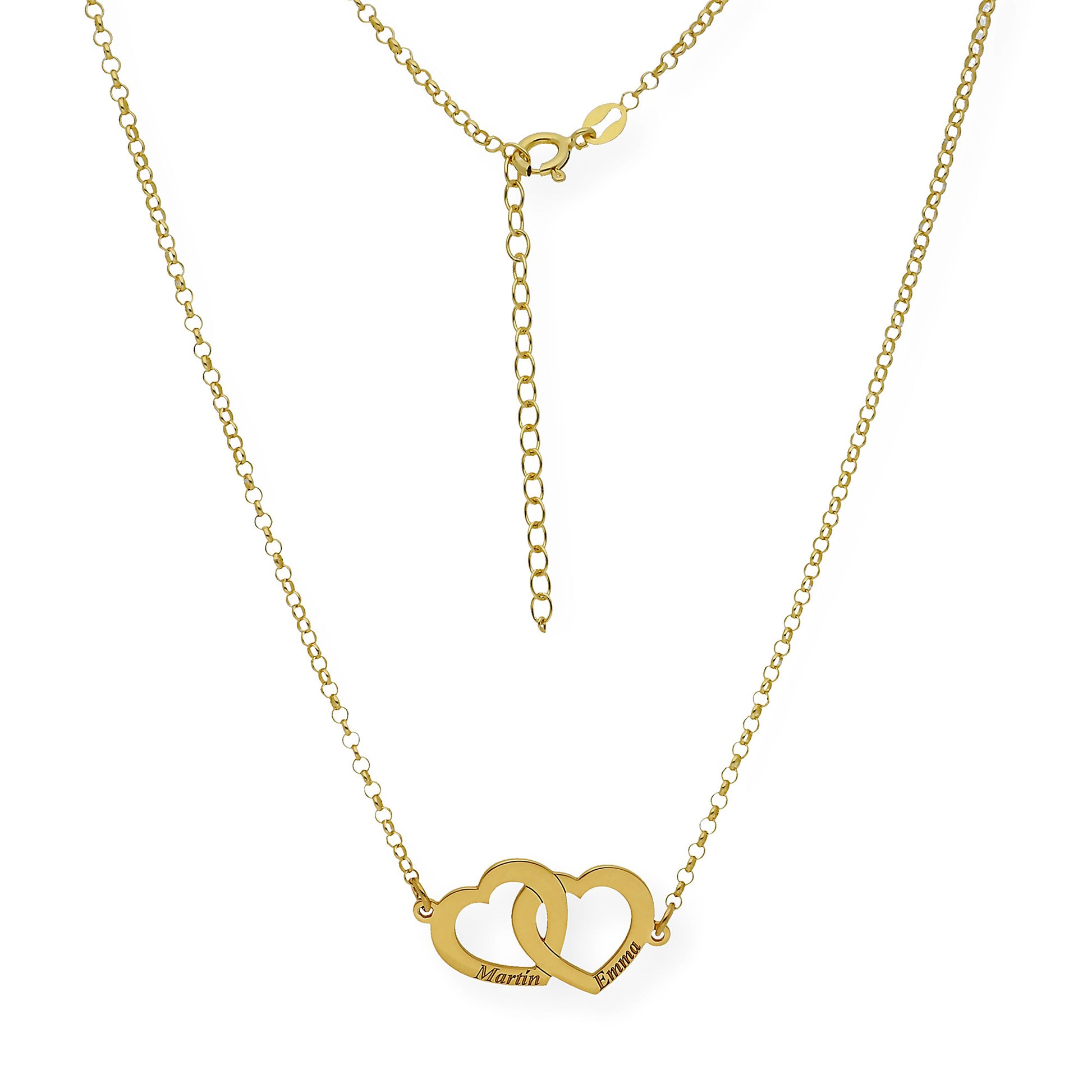 Colgante Doble Corazón Eros Nombres Entrelazados en Plata 925 con Baño de Oro 18k