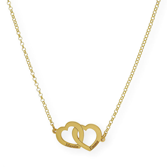 Colgante Doble Corazón Eros Nombres Entrelazados en Plata 925 con Baño de Oro 18k