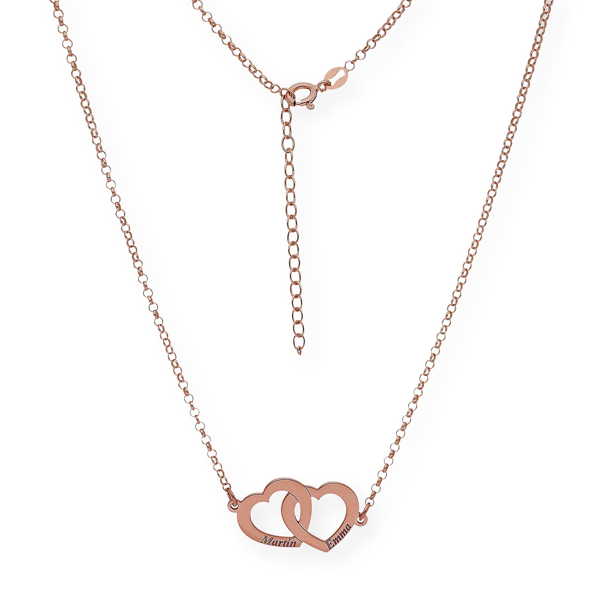 Colgante Doble Corazón Eros Nombres Entrelazados en Plata 925 con Baño de Oro Rosa 18k