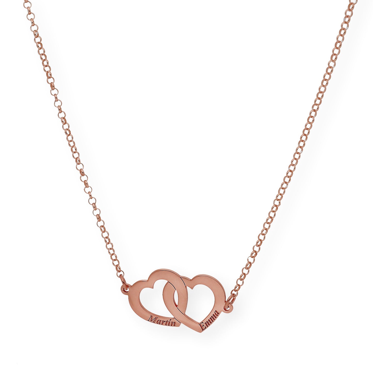 Colgante Doble Corazón Eros Nombres Entrelazados en Plata 925 con Baño de Oro Rosa 18k