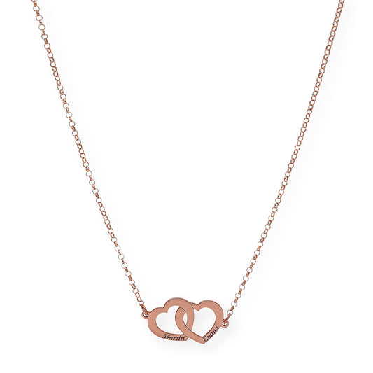 Colgante Doble Corazón Eros Nombres Entrelazados en Plata 925 con Baño de Oro Rosa 18k