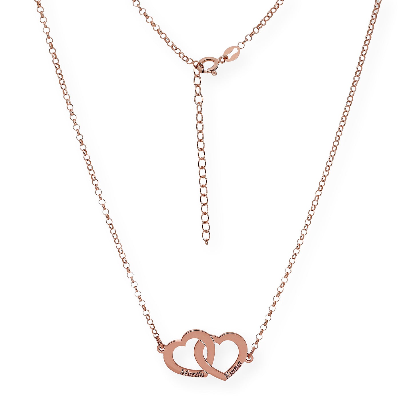 Colgante Doble Corazón Eros Nombres Entrelazados en Plata 925 con Baño de Oro 18k