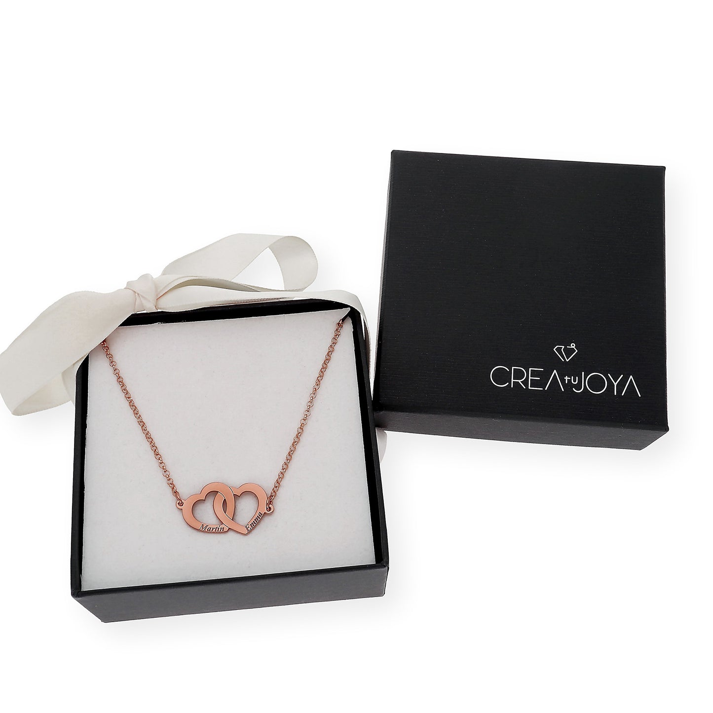 Colgante Doble Corazón Eros Nombres Entrelazados en Plata 925 con Baño de Oro 18k