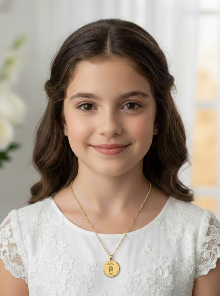 Colgante Medalla Niña Comunión en Plata de Ley 925 y baño Oro rosa 18k