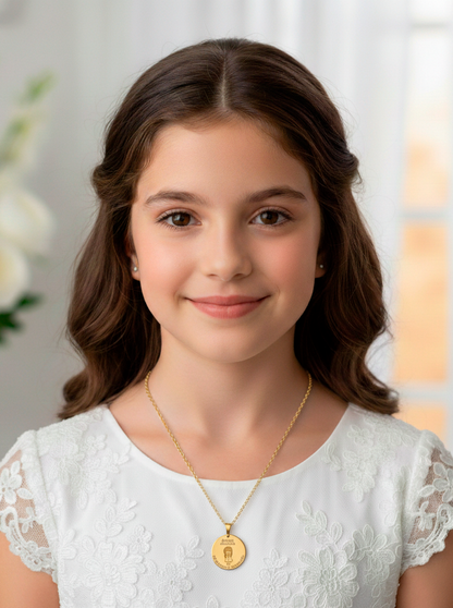 Colgante Medalla Niña Comunión en Plata de Ley 925 y baño Oro rosa 18k