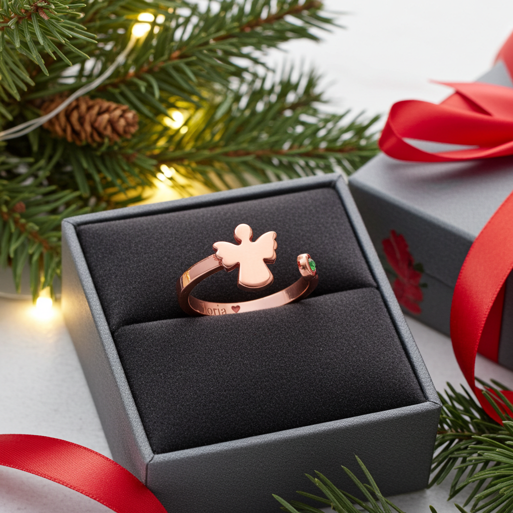 Anillo Ángel Nombre y Piedra Color en Plata de Ley 925 y Baño Oro rosa18k